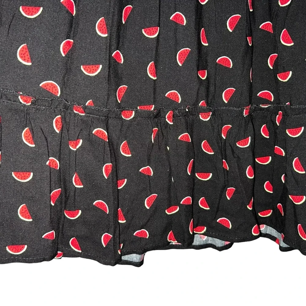 Lily White Watermelon Print Tiered‎ Mini Dress Black Red Smocked Back Adjustable